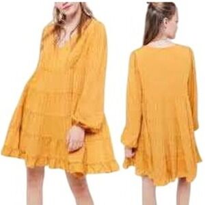 Urban Outfitters Mustard‎ Yellow Babydoll Tiered Dress Long Sleeve Small Boho